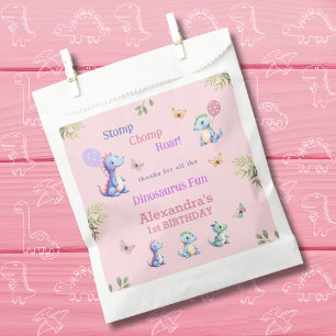 Cute Pink Girl Dinosaur 1st Birthday thank you Favor Bag
