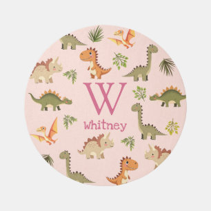 Cute Pink Girl Dinosaur Monogram Name Nursery Rug