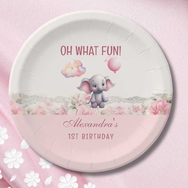 Cute Pink Girl Elephant 1st Birthday Party Paper Plates (Creator Uploaded)