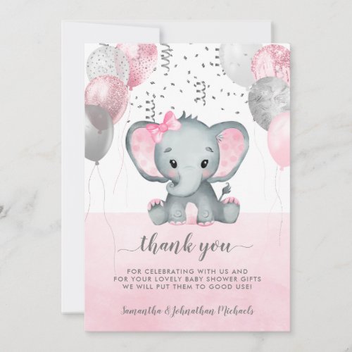 Cute Pink Girl Elephant Balloons Baby Shower Thank You Card