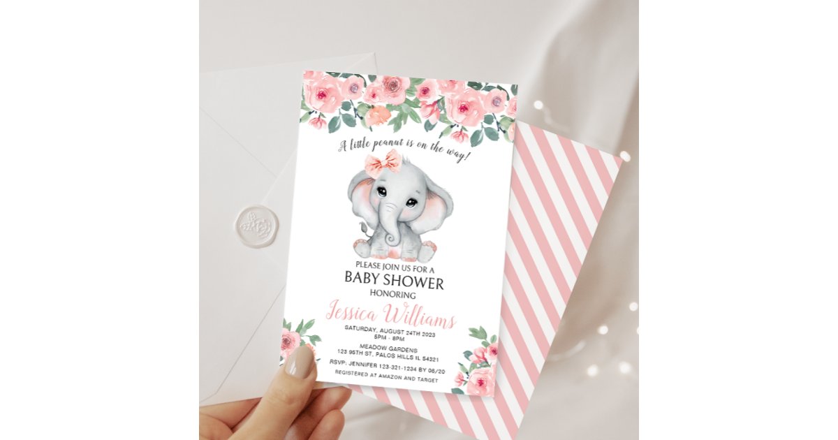 Cute pink girl elephant little peanut baby shower invitation | Zazzle