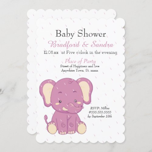 Cute Pink Girl Elephant Simple Baby Shower  Invitation