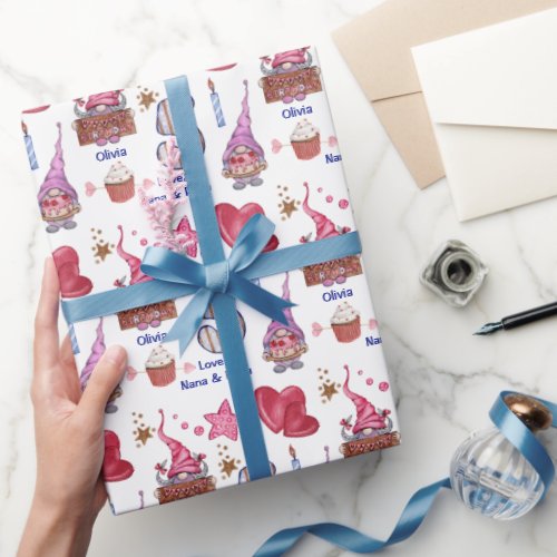 Cute Pink Girl Gnome Five Year Old Birthday Wrapping Paper