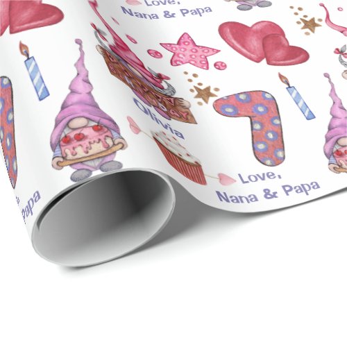 Cute Pink Girl Gnome Seven Year Old Birthday Wrapping Paper