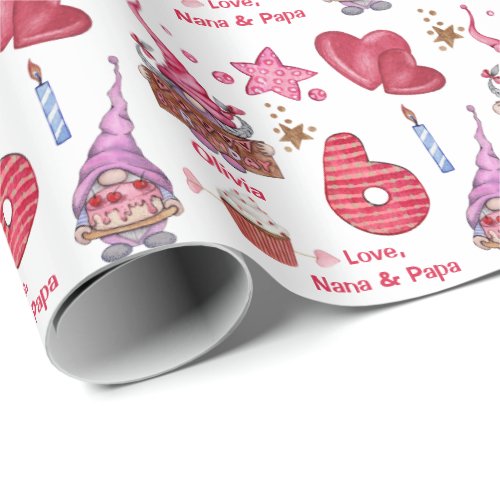 Cute Pink Girl Gnome Six Year Old Birthday Wrapping Paper