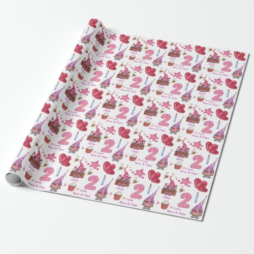 Cute Pink Girl Gnome Two Year Old Birthday Wrapping Paper