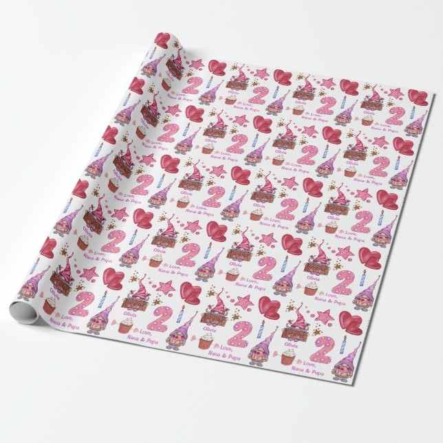 Cute Pink Girl Gnome Two Year Old Birthday Wrapping Paper (Unrolled)