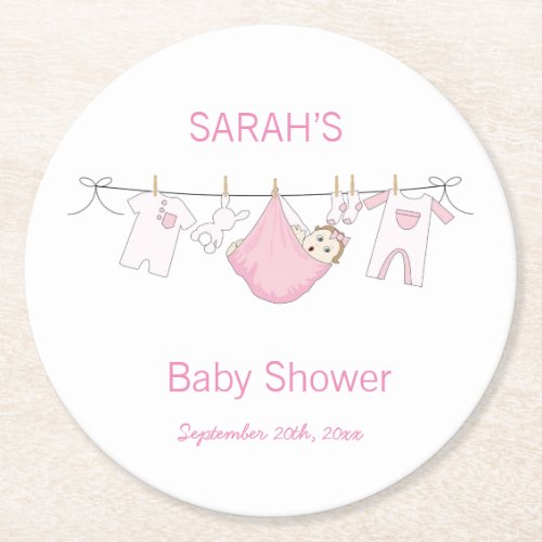 Cute Pink Girl illustration Clothesline Laundry   Round Paper Coaster