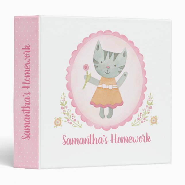 Cute Pink Girl Kitty Cat School Binder (Front/Spine)
