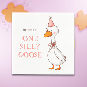 Cute Pink Girl One Silly Goose Birthday Napkins
