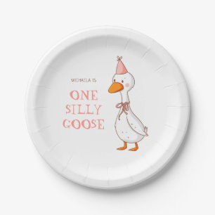 Cute Pink Girl One Silly Goose Birthday Paper Plates