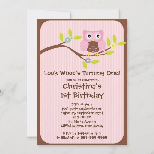 Cute Pink Girl Owl Birthday Party Invitations