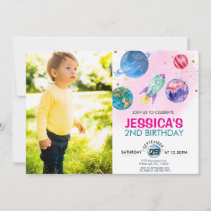 Cute Pink Girl Party Astronaut Birthday Invitation