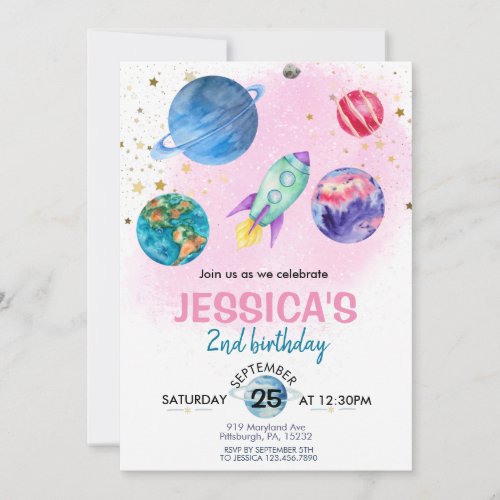  Cute Pink Girl Party Astronaut Birthday Invitation