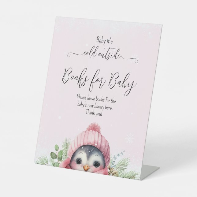 Cute Pink Girl Penguin Winter Baby Shower Pedestal Sign (Front)