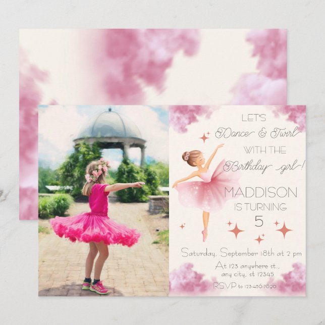 Cute Pink girl photo birthday ballet party Invitation (Front/Back)