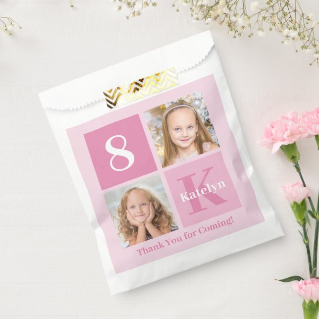 Cute Pink Girl Photo Collage Custom Birthday Party Favor Bag (Sealed)