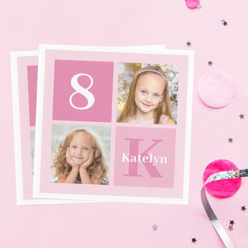 Cute Pink Girl Photo Collage Custom Birthday Party Napkins