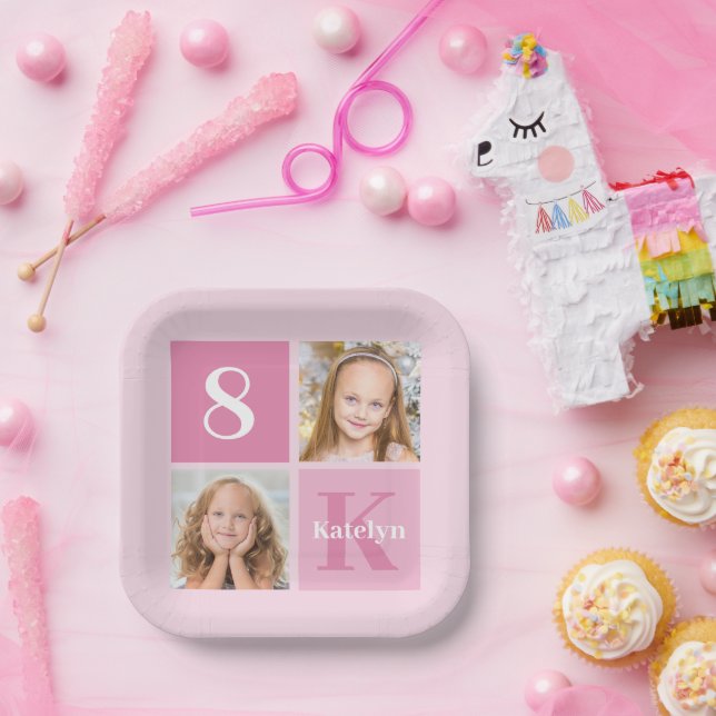 Cute Pink Girl Photo Collage Custom Birthday Party Paper Plates (Party)