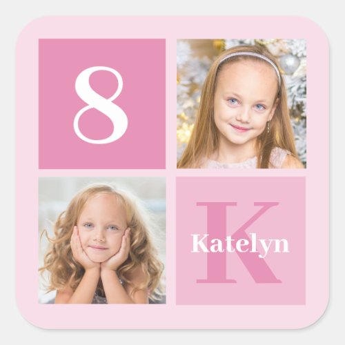 Cute Pink Girl Photo Collage Custom Birthday Party Square Sticker
