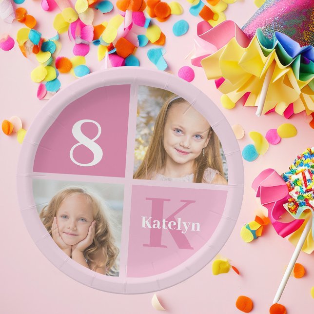 Cute Pink Girl Photo Custom Kids Birthday Party Paper Plates (Creator Uploaded)