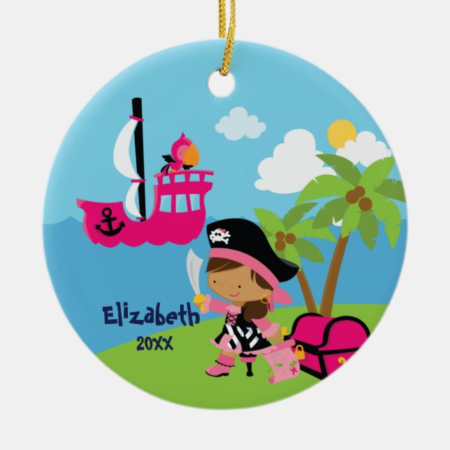 Cute Pink Girl Pirate Christmas Ornament (Front)