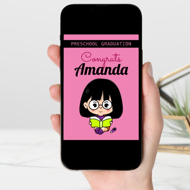 Cute Pink Girl Preschool Graduation Card (Front Digital)
