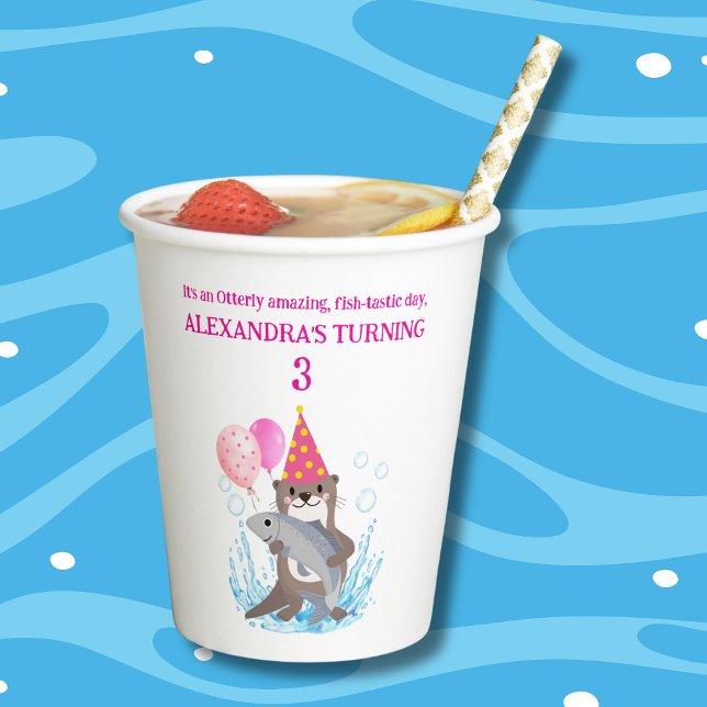 Cute Pink Girl Sea Otter Birthday Party Paper Cups (Creator Uploaded)