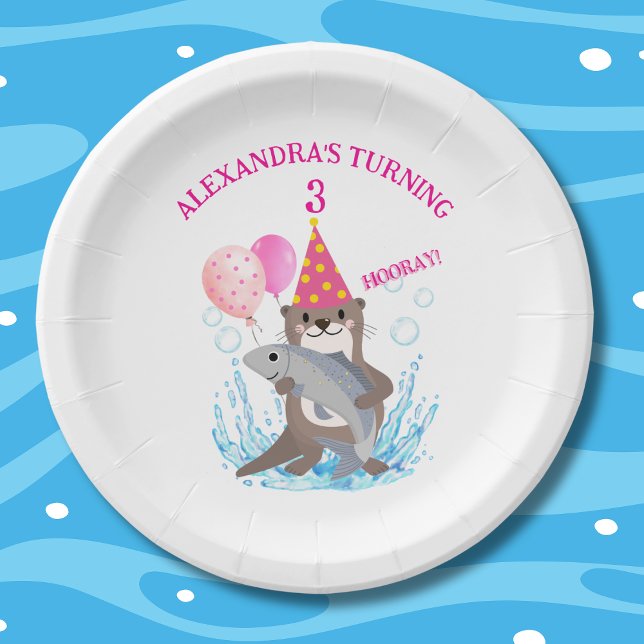 Cute Pink Girl Sea Otter Birthday Party Paper Plates (Creator Uploaded)