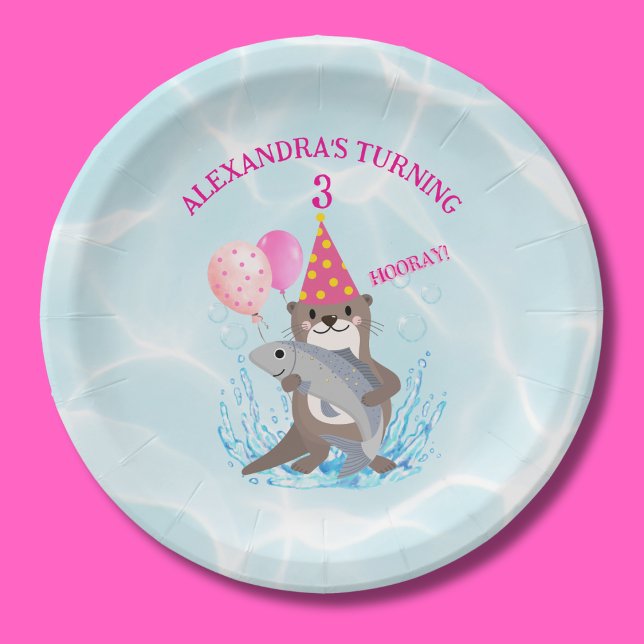 Cute Pink Girl Sea Otter Birthday Party Paper Plates (Creator Uploaded)