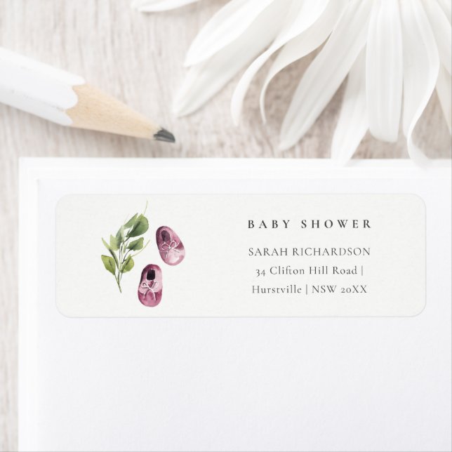 Cute Pink Girl Shoes Foliage Baby Shower Address Label (Insitu)