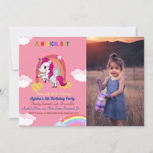 Cute Pink girl Unicorn Birthday Party Invitation