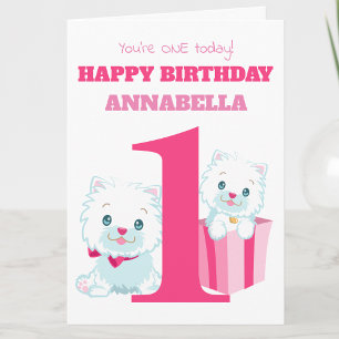 Cute Pink Girls First Birthday Card