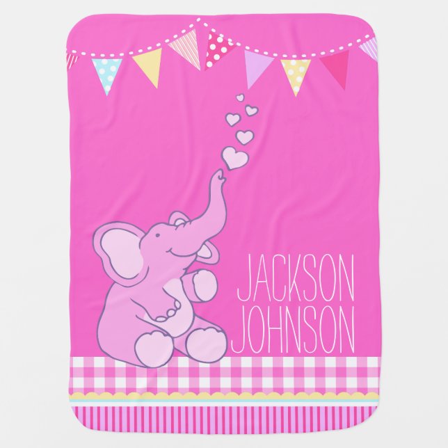Cute pink girls named elephant baby blanket (Front)