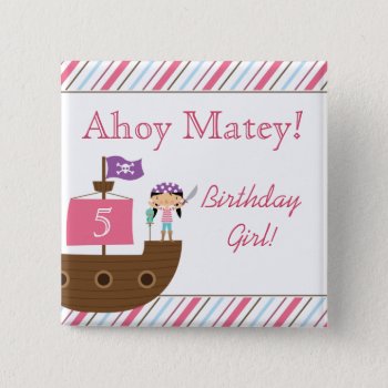 Cute Pink Girl's Pirate Birthday Party Buttons by Jamene at Zazzle