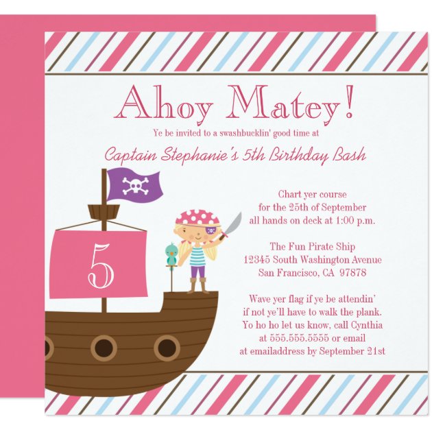 Cute Pink Girl's Pirate Birthday Party Invitation