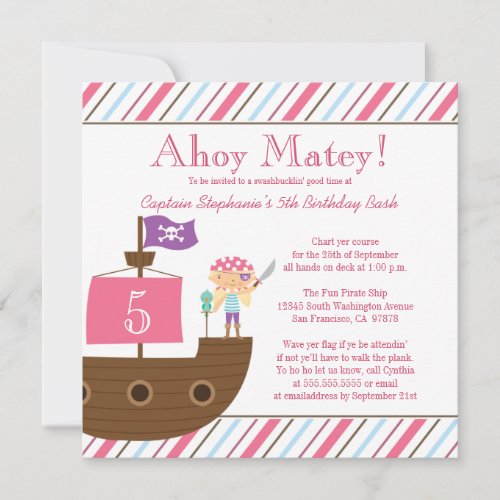 Cute pink girl's pirate birthday party invitation