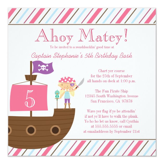 Cute Pink Girl's Pirate Birthday Party Invitation