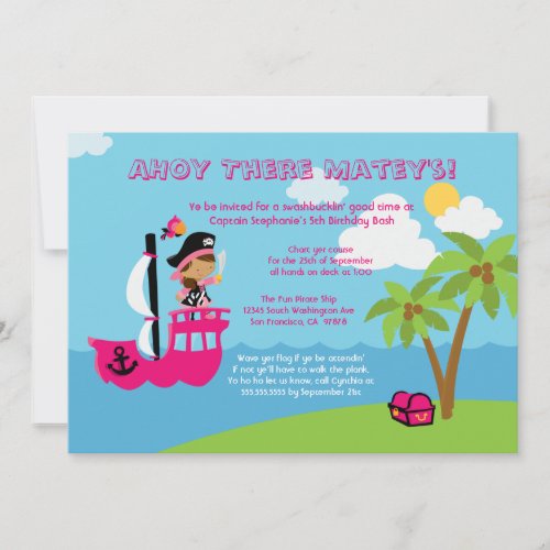 Cute pink girl's pirate birthday party invitation