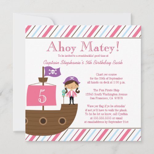 Cute pink girl's pirate birthday party invitation