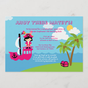 Cute pink girl's pirate birthday party invitation