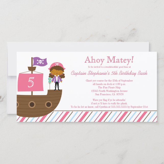 Cute pink girl's pirate birthday party invitation (Front)