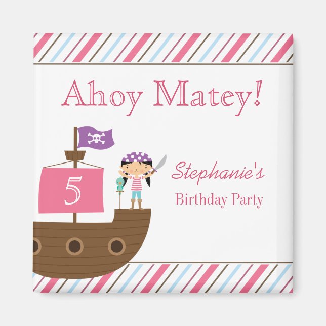 Cute pink girl's pirate birthday party magnets (Front)
