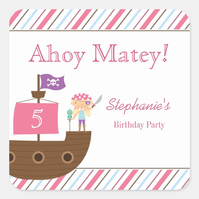 Cute pink girl's pirate birthday party stickers (Front)