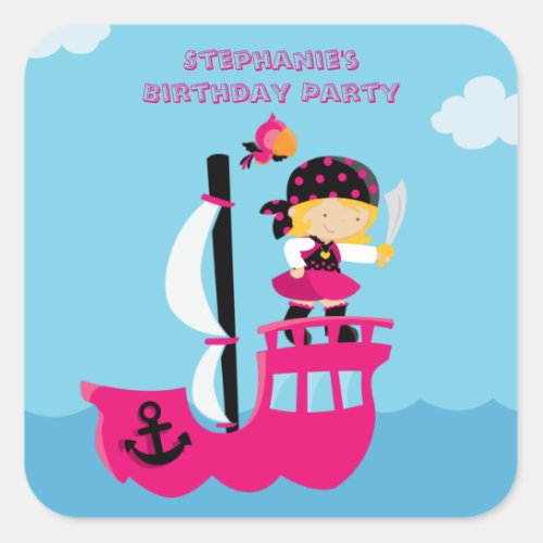 Cute pink girls pirate birthday party stickers