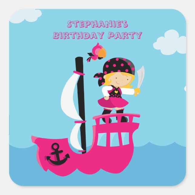 Cute pink girl's pirate birthday party stickers (Front)