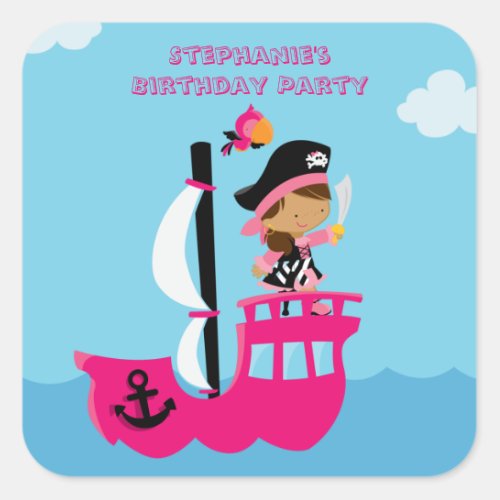 Cute pink girls pirate birthday party stickers