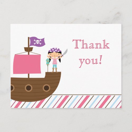 Cute pink girls pirate birthday party thank you postcard