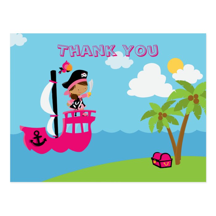 Cute pink girl's pirate custom thank you post card