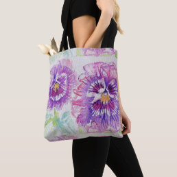 Cute Pink Girls Purple Pansy art Grocery Tote Bag